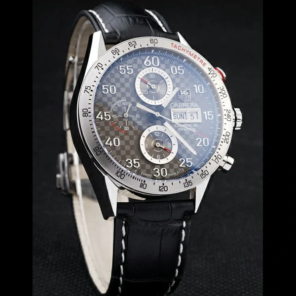 Tag Heuer Carrera Tachymeter Bezel Black Leather Strap Checkered Brown Dial new58076
