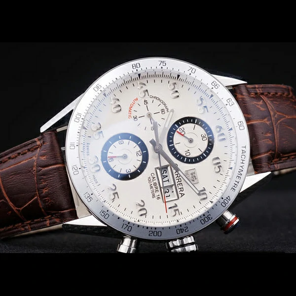 Tag Heuer Carrera Tachymeter Bezel Dark Brown Leather Strap White Dial new58077