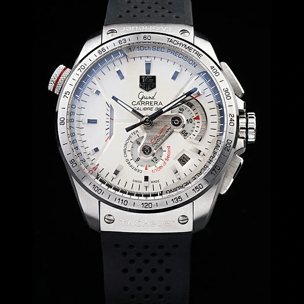 Tag Heuer Carrera Tachymeter Bezel Perforated Black Rubber Strap White Dial new58078