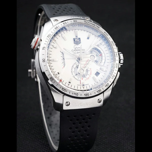 Tag Heuer Carrera Tachymeter Bezel Perforated Black Rubber Strap White Dial new58078