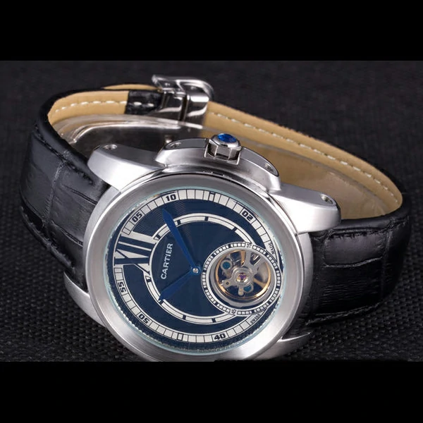Cartier Calibre Flying Tourbillon Black Dial Stainless Steel Case Black Leather Bracelet new58102