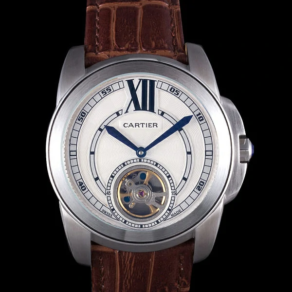 Cartier Calibre Flying Tourbillon White Dial Stainless Steel Case Brown Leather Bracelet new58103