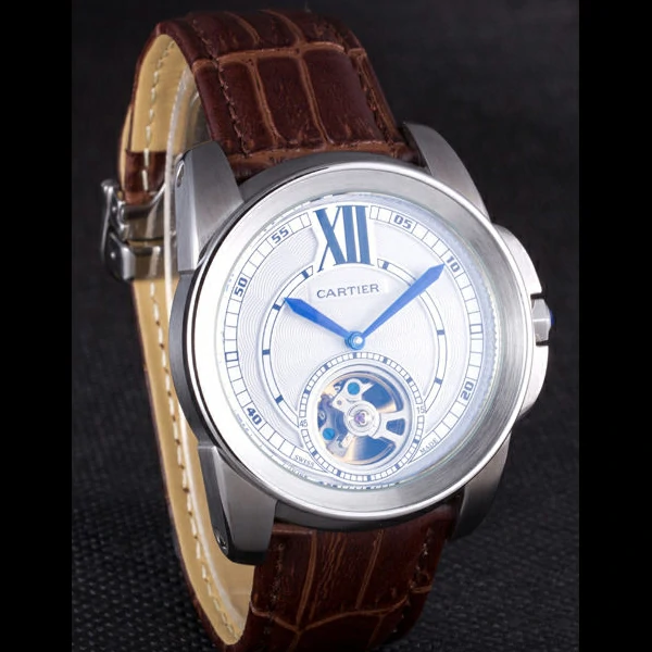Cartier Calibre Flying Tourbillon White Dial Stainless Steel Case Brown Leather Bracelet new58103