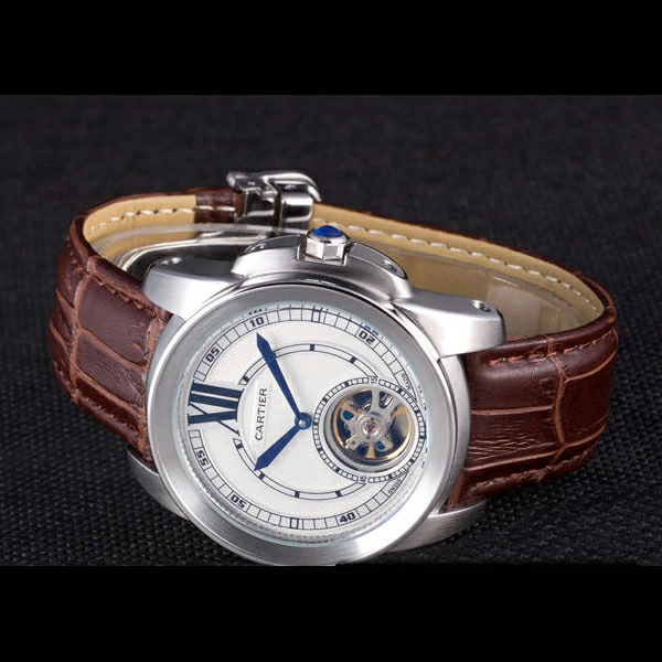 Cartier Calibre Flying Tourbillon White Dial Stainless Steel Case Brown Leather Bracelet new58103
