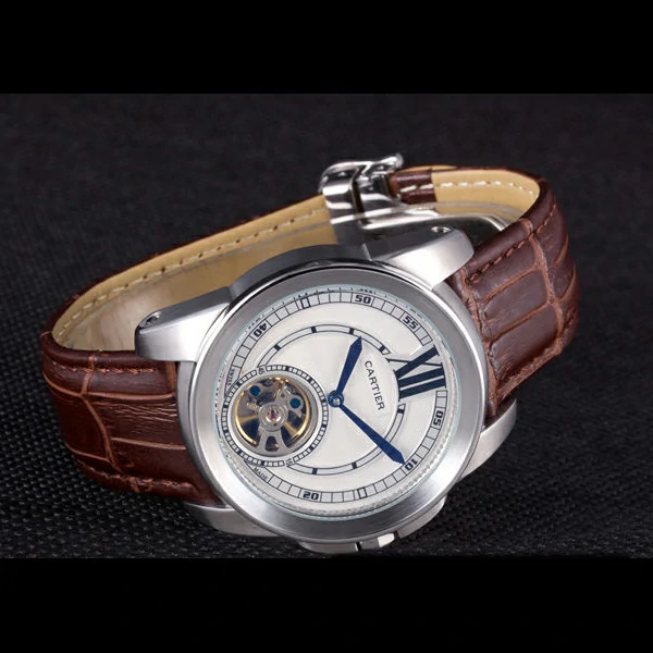 Cartier Calibre Flying Tourbillon White Dial Stainless Steel Case Brown Leather Bracelet new58103