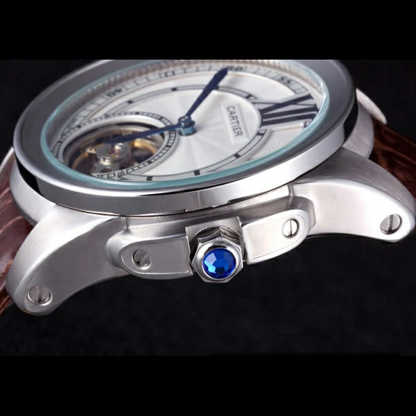 Cartier Calibre Flying Tourbillon White Dial Stainless Steel Case Brown Leather Bracelet new58103