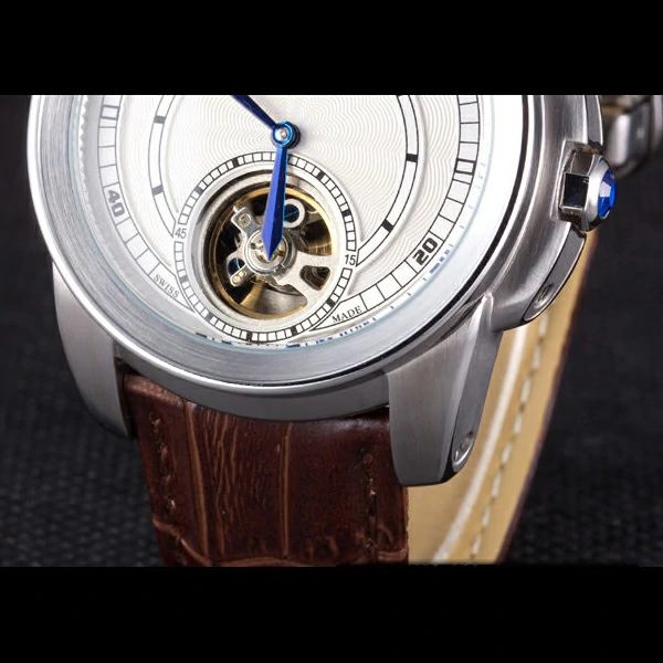 Cartier Calibre Flying Tourbillon White Dial Stainless Steel Case Brown Leather Bracelet new58103