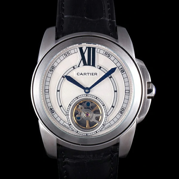 Cartier Calibre Flying Tourbillon White Dial Stainless Steel Case Black Leather Bracelet new58104