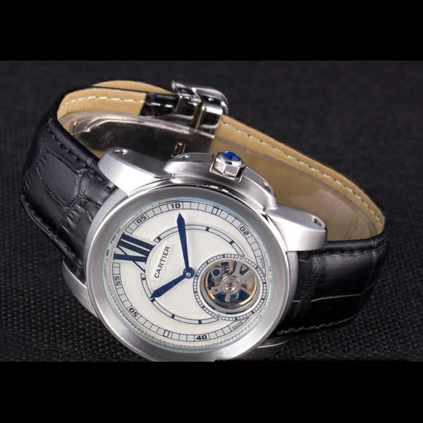 Cartier Calibre Flying Tourbillon White Dial Stainless Steel Case Black Leather Bracelet new58104