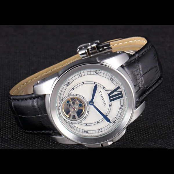 Cartier Calibre Flying Tourbillon White Dial Stainless Steel Case Black Leather Bracelet new58104