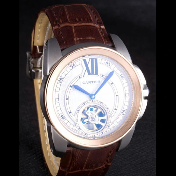 Cartier Calibre Flying Tourbillon White Dial Two Tone Case Brown Leather Bracelet new58105