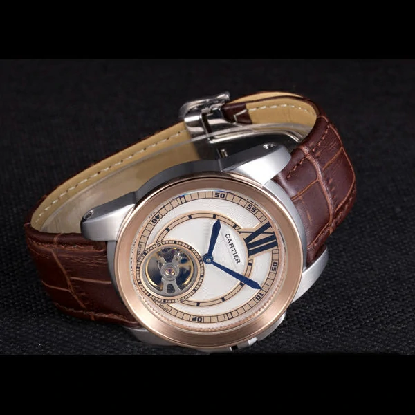 Cartier Calibre Flying Tourbillon White Dial Two Tone Case Brown Leather Bracelet new58105