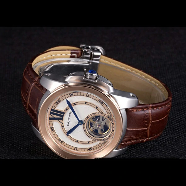 Cartier Calibre Flying Tourbillon White Dial Two Tone Case Brown Leather Bracelet new58105
