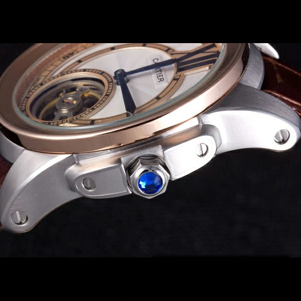 Cartier Calibre Flying Tourbillon White Dial Two Tone Case Brown Leather Bracelet new58105