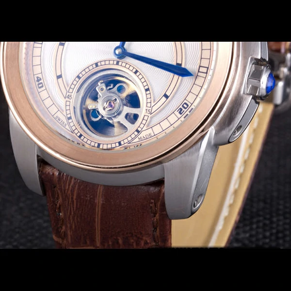 Cartier Calibre Flying Tourbillon White Dial Two Tone Case Brown Leather Bracelet new58105
