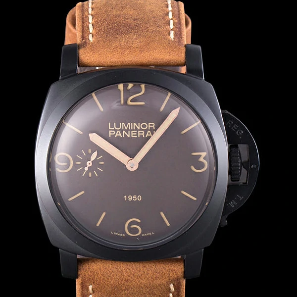 Panerai Luminor Black Ionized Stainless Steel Case Black Dial Brown Suede Leather Strap new58173