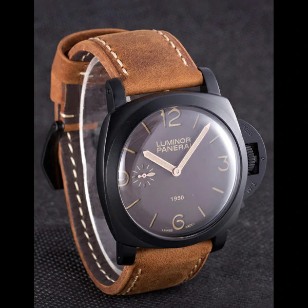 Panerai Luminor Black Ionized Stainless Steel Case Black Dial Brown Suede Leather Strap new58173