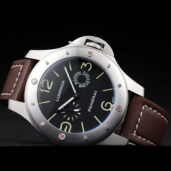 Panerai Luminor Brushed Stainless Steel Case Black Dial Dark Brown Leather Strap new58214