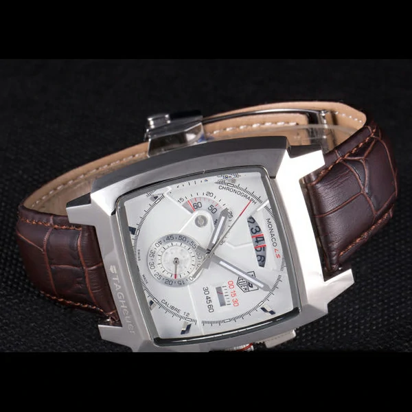 Tag Heuer Monaco Brushed Stainless Steel Case White Dial Brown Leather Strap new58247