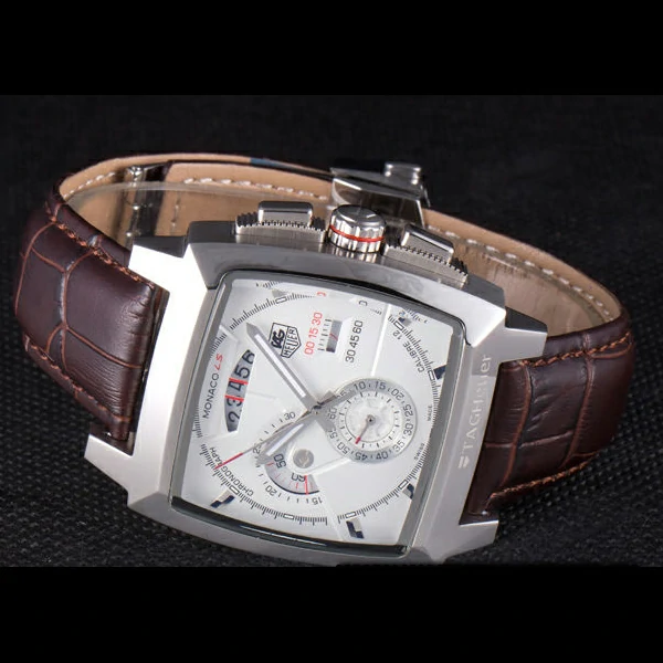 Tag Heuer Monaco Brushed Stainless Steel Case White Dial Brown Leather Strap new58247