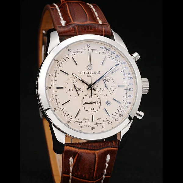 Breitling Transocean White Dial Brown Leather Strap Polished Stainless Steel Bezel new58567