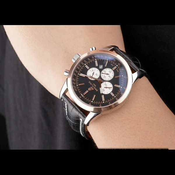 Breitling Transocean Black Dial Black Leather Strap Rose Gold Bezel new58568