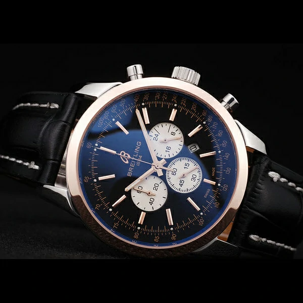 Breitling Transocean Black Dial Black Leather Strap Rose Gold Bezel new58568