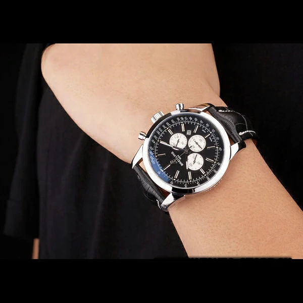 Breitling Transocean Black Dial Black Leather Strap Polished Stainless Steel Bezel new58569