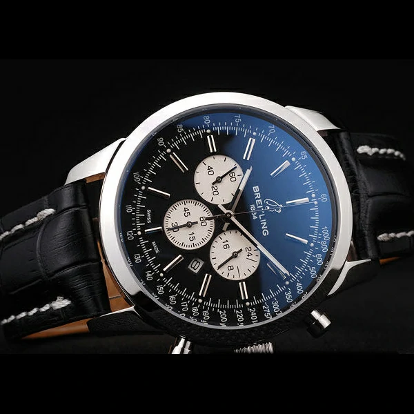 Breitling Transocean Black Dial Black Leather Strap Polished Stainless Steel Bezel new58569