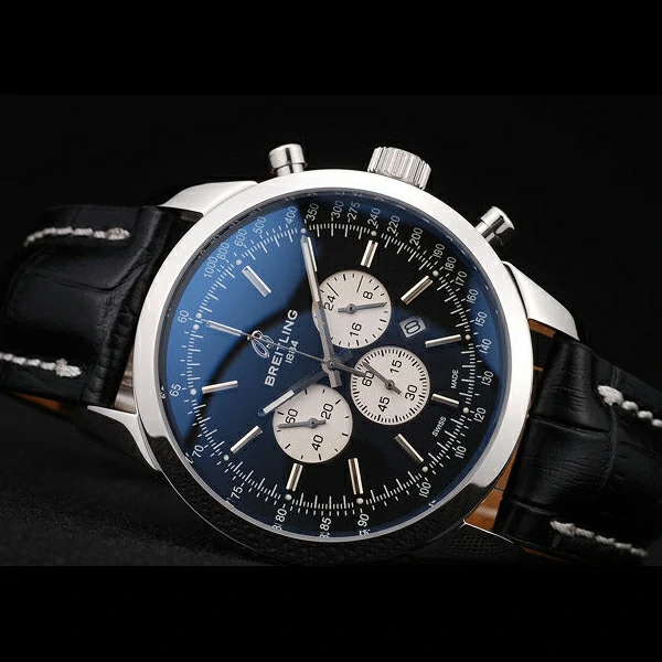 Breitling Transocean Black Dial Black Leather Strap Polished Stainless Steel Bezel new58569