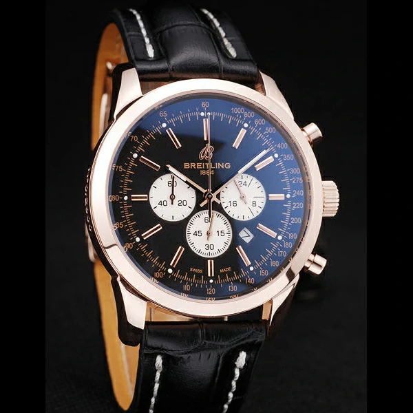 Breitling Transocean Black Dial Black Leather Strap Rose Gold Bezel new58570