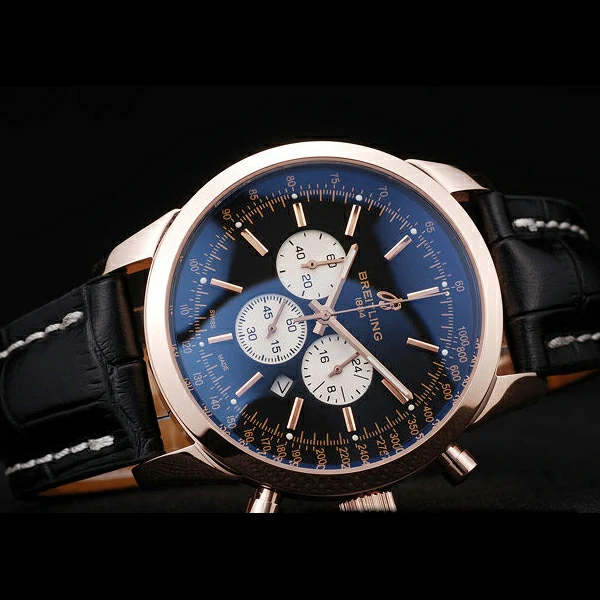 Breitling Transocean Black Dial Black Leather Strap Rose Gold Bezel new58570