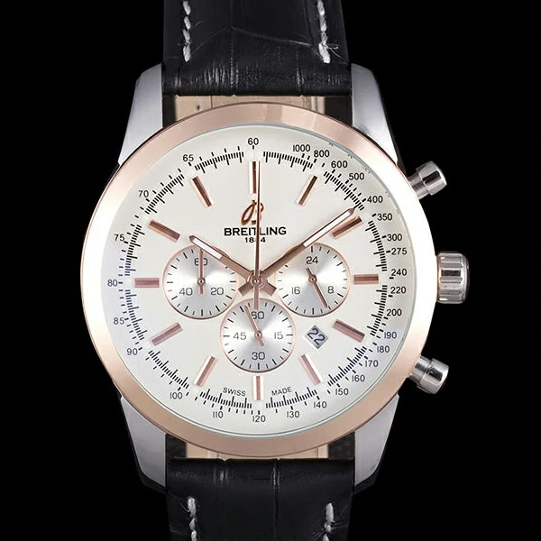 Breitling Transocean White Dial Black Leather Strap Rose Gold Bezel new58571