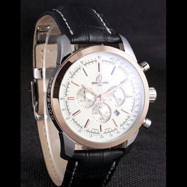 Breitling Transocean White Dial Black Leather Strap Rose Gold Bezel new58571