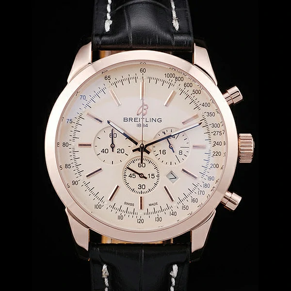 Breitling Transocean White Dial Black Leather Strap Rose Gold Bezel new58572