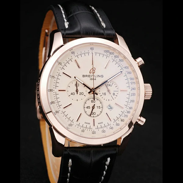 Breitling Transocean White Dial Black Leather Strap Rose Gold Bezel new58572