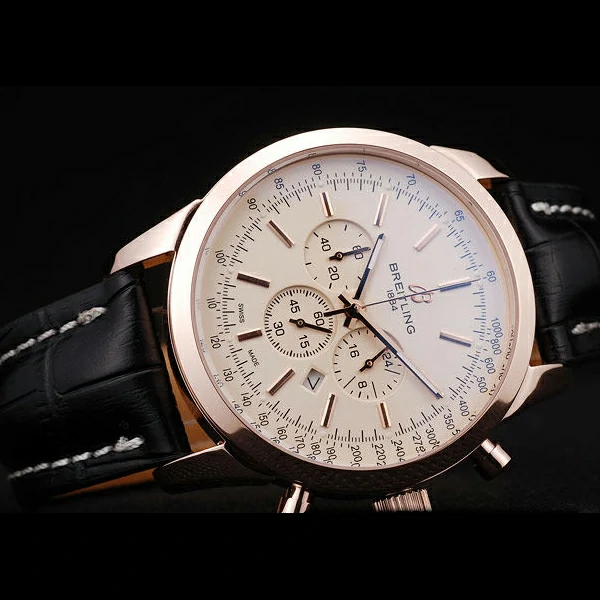 Breitling Transocean White Dial Black Leather Strap Rose Gold Bezel new58572