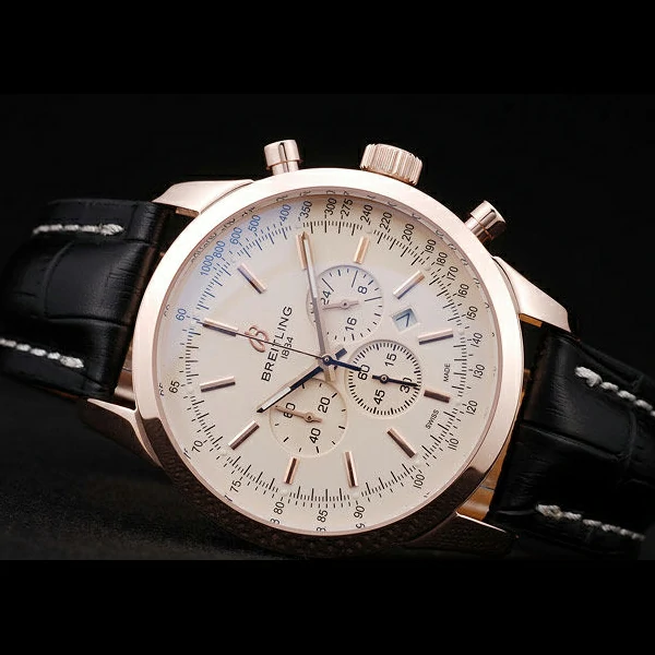 Breitling Transocean White Dial Black Leather Strap Rose Gold Bezel new58572