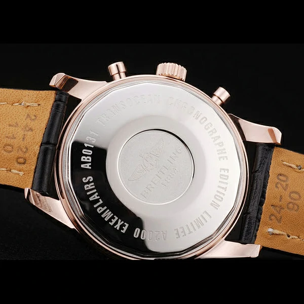 Breitling Transocean White Dial Black Leather Strap Rose Gold Bezel new58572
