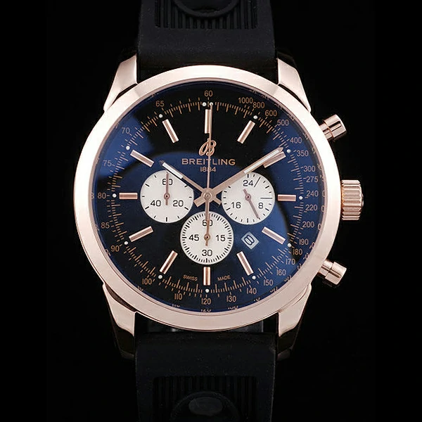 Breitling Transocean Black Dial Black Rubber Strap Rose Gold Bezel new58573