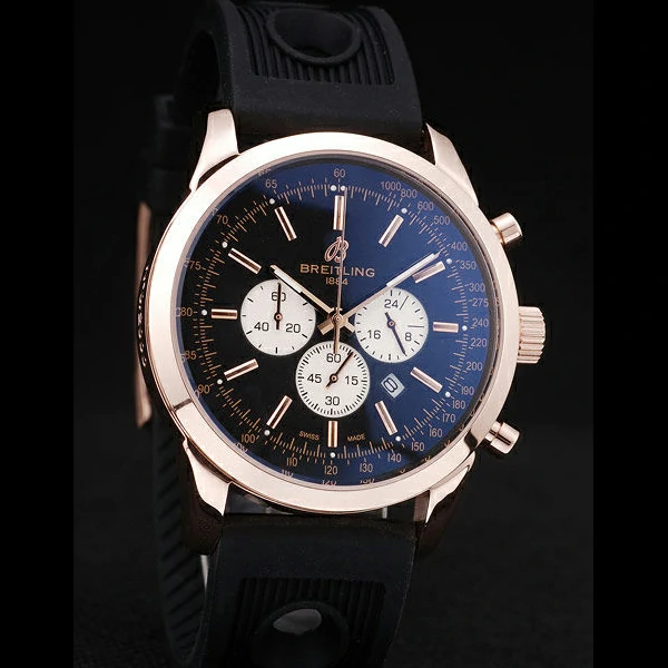 Breitling Transocean Black Dial Black Rubber Strap Rose Gold Bezel new58573