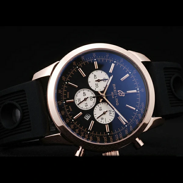 Breitling Transocean Black Dial Black Rubber Strap Rose Gold Bezel new58573