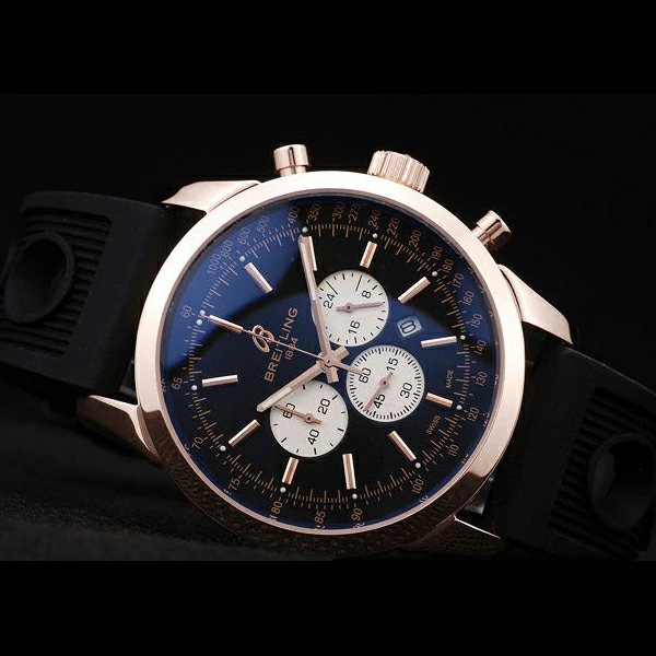 Breitling Transocean Black Dial Black Rubber Strap Rose Gold Bezel new58573