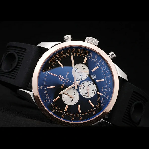 Breitling Transocean Black Dial Black Rubber Strap Rose Gold Bezel new58575