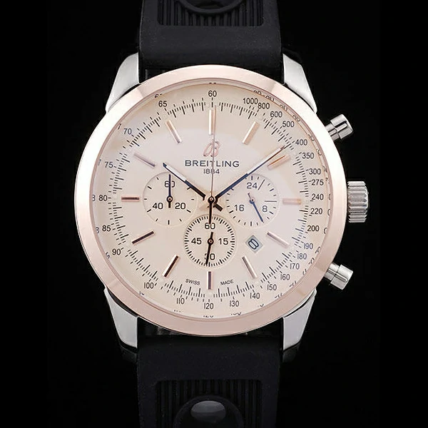 Breitling Transocean White Dial Black Rubber Strap Rose Gold Bezel new58576