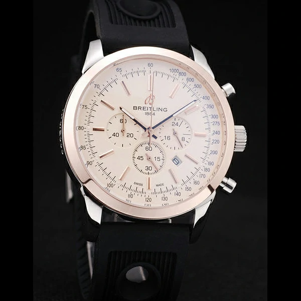 Breitling Transocean White Dial Black Rubber Strap Rose Gold Bezel new58576