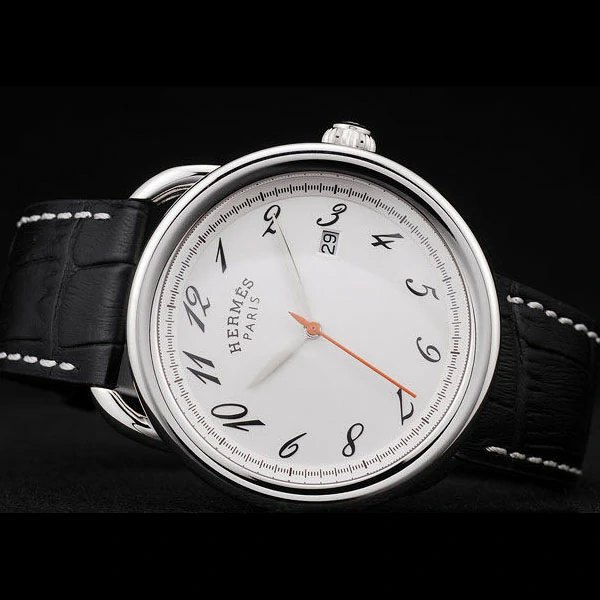 Hermes Arceau White Dial Black Leather Strap new58707