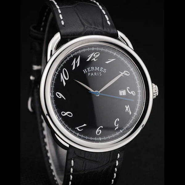 Hermes Arceau Black Dial Black Leather Strap new58708