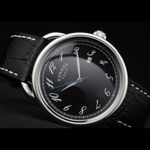 Hermes Arceau Black Dial Black Leather Strap new58708