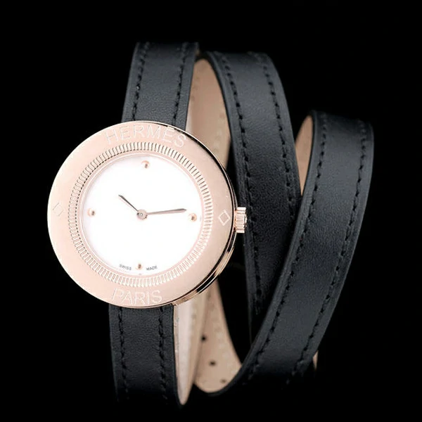 Hermes Classic MOP Dial Black Elongated Leather Strap new58789